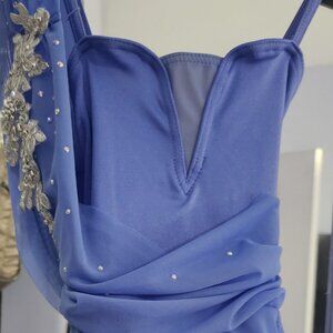 NWOT-Girls Size 8 Blue One-Shoulder Dance Leotard with Rhinestones & Appliqué